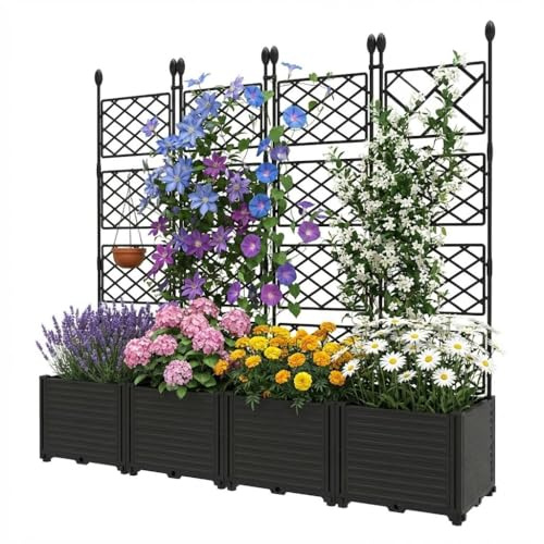 Pflanzkasten mit Rankgitter aus Metall, Hochbeet mit verstärkte Rankhilfe für Kletterpflanzen, Kunststoff Pflanzkasten Outdoor als Sichtschutz für Balkon, Terrasse & Garten, 4 Abschnitte, 168x160cm