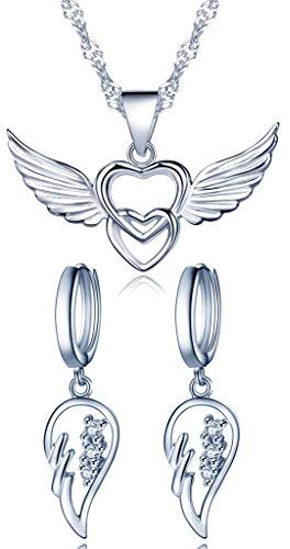 Yumilok 925 Sterling Silber Zirkonia Engelsflügel Doppel Herzen Ohrhänger Halskette Schmuck Set Ohrringe Kette mit Anhänger Set für Damen Mädchen