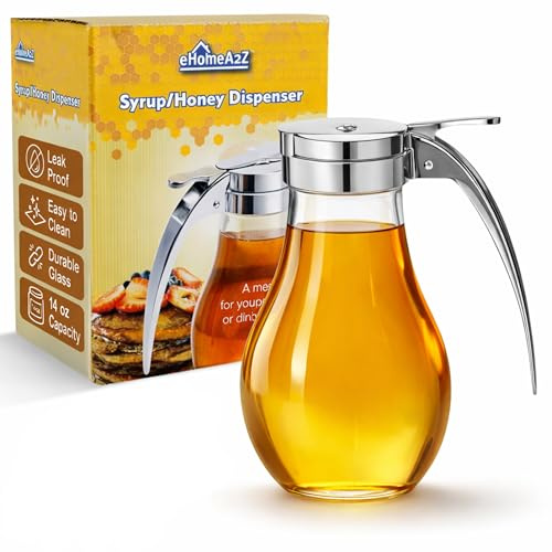 EHOMEA2Z Glass Honey Dispenser, 14 oz Syrup Dispenser with Metal Top, Maple Syrup Dispenser for Kitchen & Dining Table (1, 14 Oz)