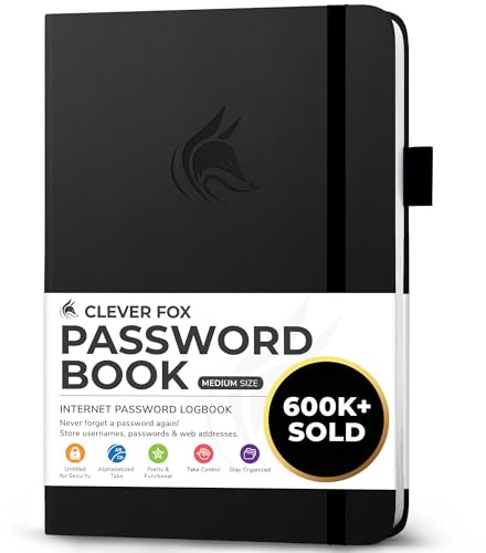 Clever Fox Password Book with alphabetical tabs. Internet Address Organizer Logbook. Medium Password Keeper for Website Logins (Black)