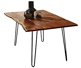 SAM Esszimmertisch 90x90cm Hannah, echte Baumkante, Akazienholz nussbaumfarben, massiver Baumkantentisch mit Hairpin-Gestell Mattschwarz