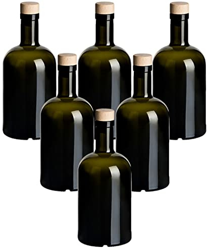 gouveo 6er Set Glasflasche 500 ml (0,50 l) Glasflasche 500 ml Klassik Antik mit Korken Korkverschluss mit Holzgriff, dunkelgrünes Farbglas, runde Enghalsflasche zum Befüllen (KFA500HGK)