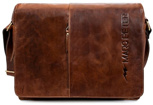 Marc Peter® Bergen leder Umhängetasche für Herren und Damen | 15.6 Zoll Laptoptasche | Aktentasche aus echtem Büffelleder