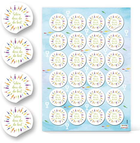Logbuch-Verlag 24 Sticker Schön dass Du da bist mit Fische Aufkleber Willkommen Gäste Tischkarten rund 4 cm Regenbogenfisch