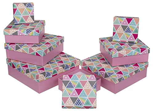 8-teiliges Set Geschenkschachteln Geschenkboxen Geschenkkarton, 8 Stück Geschenkkartonage Boxenset Weihnachten Geburtstag Hochzeit, ca. 22,5 x 22,5 x 8 cm (Rosa mit Dreiecken)