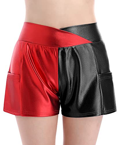 Ledershorts Damen Kunstleder Hotpants Sexy Metallic Wetlook Lack und Leder Shorts Gym Sporthose Kurze Hose Frauen Festival Rave Pole Dance Outfit Halloween Karneval Faschingskostüme Rot Schwarz XL