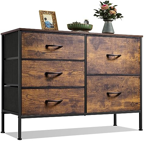 WLIVE Dresser for Bedroom with 5 Drawers, Wide Chest of Drawers for Bedroom, Fabric Dresser for Living Room, Closet, Hallway, Rustic Brown Wood Grain Print