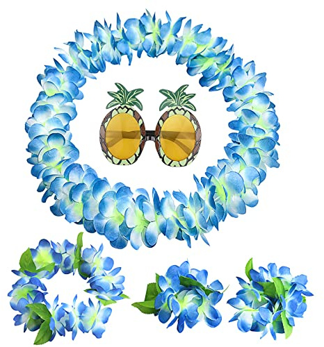 Hawaiianische Leis Hawaii Blumen Halskette, 5 Stück Hawaiian Leis Ketten Set mit Blumen Girlande Halskette Sonnenbrille Stirnbänder Armbänder für Luau Sommer Beach Party Kostüme Dekorationen Blau