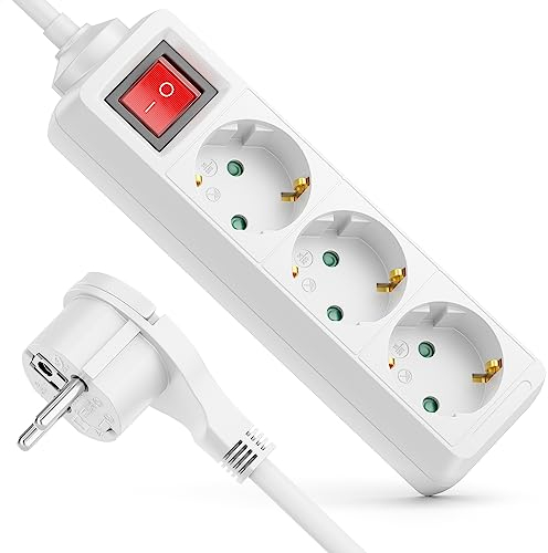 deleyCON Ciabatta Elettrica a 3 Prese con Spina Piatta e Interruttore ON/OFF Ciabatta Elettrica per Uso Interno Cavo 3,0 m Spina Piatta Robusto Alloggiamento in Plastica Bianco