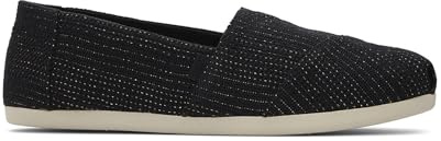 TOMS Espadrille loafer dam, platt, svart metalliskt linne rand, 8,5
