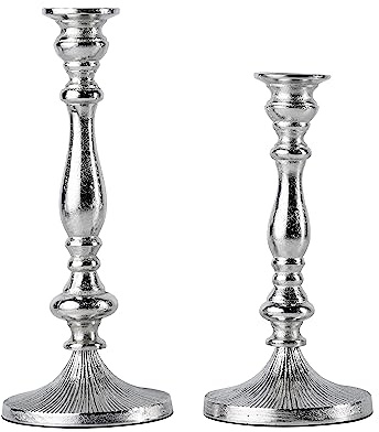 2er Set Kerzenständer Kerzenhalter Aluminium Silber Deko - Kerzenleuchter Modern für Stabkerzen - Tischdeko Hochzeit - Dekoration Wohnzimmer - H 26 und 31 cm
