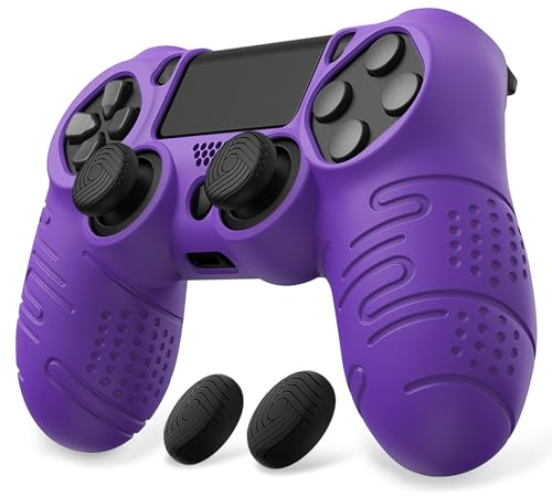 PlayVital Cover per ps4 Controller,Custodia Skin Protettiva Silicone Antiscivolo per ps4 Slim Pro Joystick con Gommini Copri Levette Analogiche(Linea&Punto Edizione)-Viola