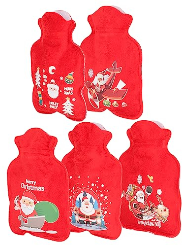 WOFASHPURET 5St Mini Wärmflasche Weihnachtsmann-Wasserbeutel wassergefüllte Wärmflasche winter handwärmer nachfüllbarer Wärmbeutel druckbar Thermosflasche Cartoon-Abdeckung Polyester