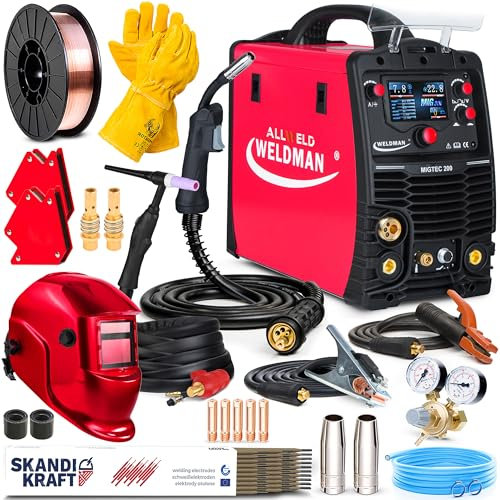 Weldman MIGTEC 200 LCD - Soldador Inverter Profesional con Gas 3 en 1 de 200 A - Sinergia - MMA, FLUX - Antorcha TIG incluida - Regulación de Inductividad, 2T/4T - Set Premium