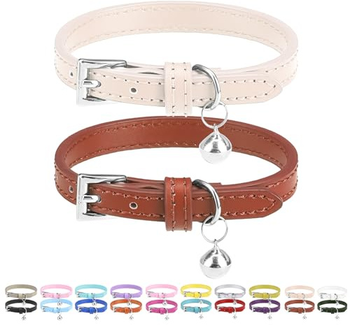 PUPTECK – 2-pack mjukt äkta läder katt och kattunge halsband med klockor justerbara för katter och valpar, pojkar och flickor – kräm, brun