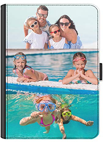 Personalisierbare Schutzhülle für Amazon und Kindle Tablets, Fire HD 7, 8, 10, Paperwhite, Universalhülle, personalisierbar mit Fotocollage, Leder-Seiten-Klapphülle mit 360-Grad-Drehfunktion, drei