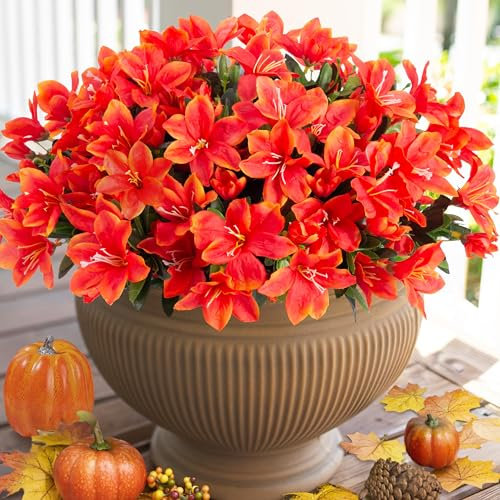 INSPRING Künstliche Herbstblumen für den Außenbereich, 3 Bündel, künstliche Seiden-Azaleen-Blumenpflanzen, UV-beständig, realistische Kunstblumen für Pflanzgefäße, Veranda, Terrasse, Garten, Gehwege