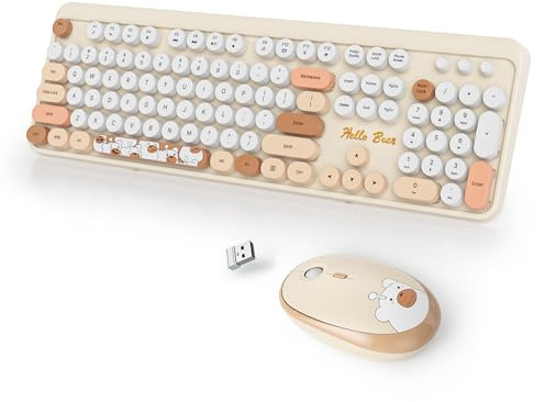SbocKeeb Brown Keyboard and Mouse Wireless, American QWERTY Cute Typewriter Wireless 2.4GHz Colorful Full Size Keyboard with Number Pad, for Windows PC Laptop Bear Beige