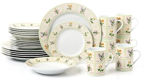Waterside 24pc British Wild Flowers Porcelain Dinner Set; 6 Dinner Plates, Side Plates, Soup Bowls & Mugs - Dishwasher & Microwave Safe