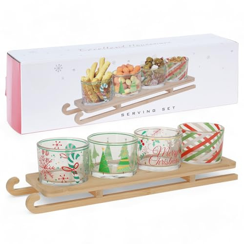MIJOMA Servierset Weihnachten X-MAS – 5-teiliges Set, Holzschlitten 32x8.5cm mit 4 Glasschalen Ø6.5cm – Perfekt für Tapas, Käsewürfel, Dips und Süßigkeiten – Festliche Tischdeko