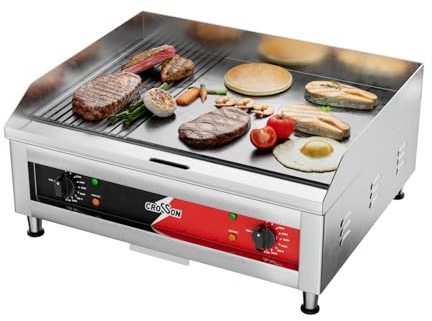 CROSSON Profi Gastro Grillplatte elektrisch mit 1/3 glatter&2/3 gerillt Grillfläche (60 x 40 cm) aus 10 mm dickem Gusseisen, 2 Zonen Temperatur separat und stufenlos regelbar je 50-300 °C