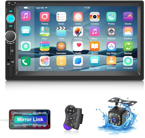 Autoradio Bluetooth 2 Din 7 Pollici Touch Screen Radio con Mirror Link,FM, Controllo al Volante, USB, AUX+Telecamera Posteriore+Telecomando
