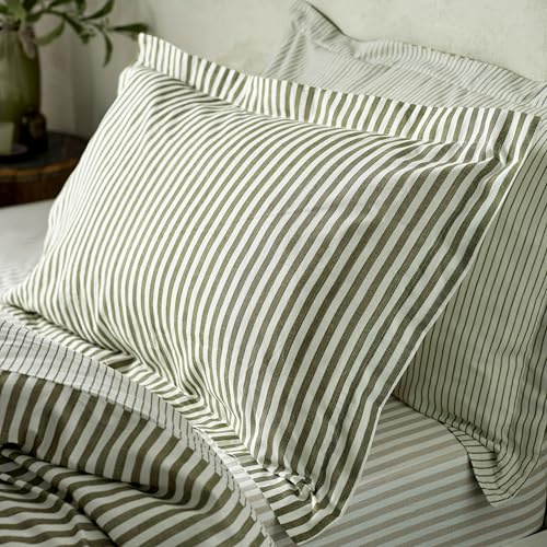 Furn. Yard Hebden Mélange Stripe 100% Cotton Pillowcase Pair – Soft Textured Striped Design (Olive – 50x75cm)