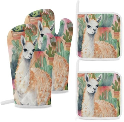 Set di 4 guanti da forno e presine in alpaca bianca, pittura ad acquerello e stampa verde, resistenti al calore, guanti da forno extra lunghi e cuscinetti caldi, guanti da cucina antiscivolo, presine