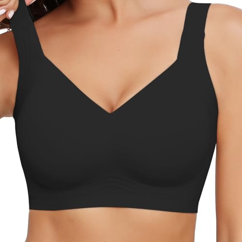Mivorica Comfort Bras for Women,Full Coverage Non Wired Support Bra,Plus Size Wireless Bra for Large Busts,Black,L