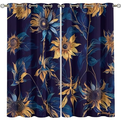 Kinder Gardinen Kinderzimmer Junge Mädchen Blickdicht Abstraktes Sonnenblumendesign In Blau Und Gold 140X160Cm 2Er Set Verdunkelungsvorhang Thermovorhang Hitzeschutz Vorhänge Wohnzimmer Schlafzimme
