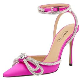 RBCYC Sandali con cinturino da donna con fiocco alla caviglia, sandali con strass con tacco a spillo con fibbia in pizzo chiuso scarpe a spillo alta feste matrimoni, fucsia, 42 EU