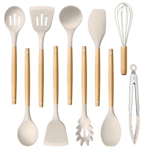 HaWare Silicone Cooking Utensils Set, 10-Piece Chef Kitchen Non-Stick Cookware with Wooden Handle, 450°F Heat Resistant - Khaki