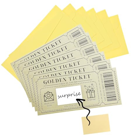 Wanmu 6 Stück Goldenes Ticket mit Umschläge, Geburtstagskarte Rubbelkarte zum Beschriften, Gutschein zum Selber Ausfüllen, Geschenke für Frauen, Männer,Freundin, Reisegutschein, Kinogutschein