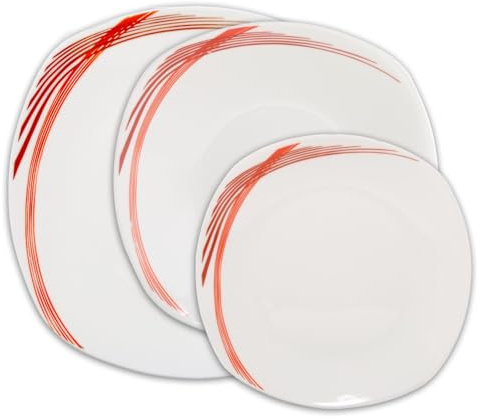 UNIQUE HOME LIVING 12-Piece Dinner Set, White Ceramic Kitchen Dinnerware Sets with Dessert/Soup/Dinner Plates, Service for 4, Microwave & Dishwasher Safe - Red Curve Lines