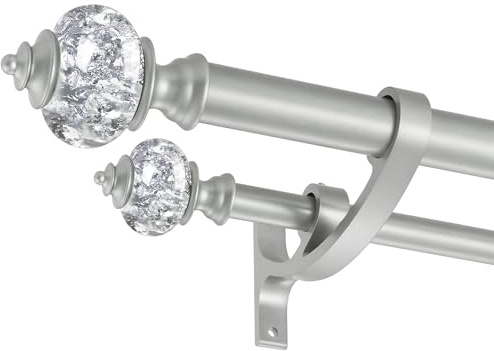 Double Curtain Rods for Windows 36 to 72 Inches, 1 Inch Front and 5/8 Inch Back Heavy Duty Double Curtain Rod, Double Drapery Rod with Stacking Tower Translucent Finials and Aluminum Bracket, Silver