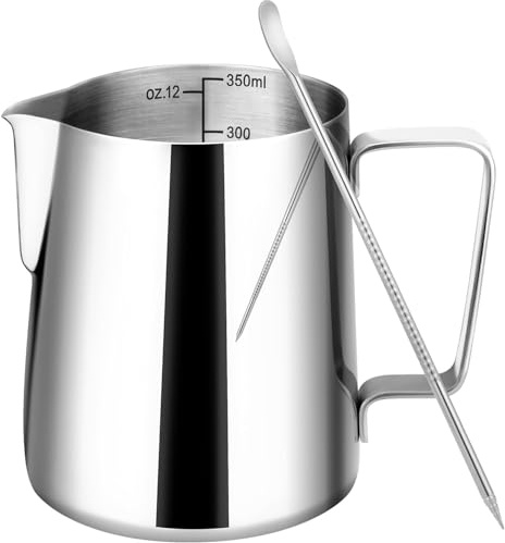 Milk Frothing Pitcher 350ml/12oz Milk Jug for Coffee Machine Stainless Steel Creamer Cup with Measurement Mark and Latte Art Pen for Barista Coffee Bar Cappuccino Espresso Making (4 Pack)