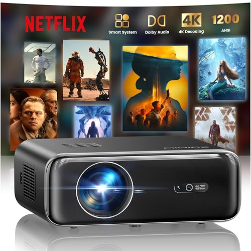 【Netflix Officially/Dolby Audio】Smart 4K Projector,1200ANSI FHD 1080P Portable Projector,HDR10 Short Throw Auto Focus/Keystone WiFi6 Bluetooth 50% Zoom Home Cinema Projectors for Bedroom,Outdoor,Gifts