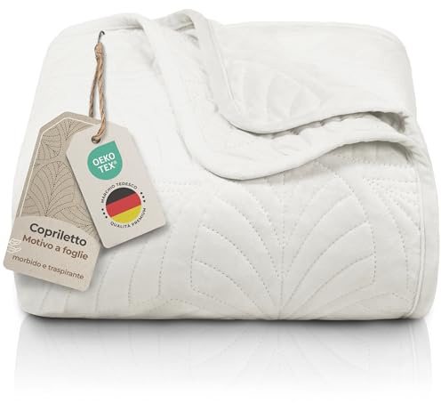 Gräfenstayn copriletto trapuntato matrimoniale 220x240 cm estivo in poliestere – certificato OEKO‑TEX, antigualcitura, decor foglia – elegante coperta letto & sofà (crema)