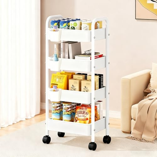Koolkasa Küchenwagen mit Rollen, 4 Ebenen Rollwagen mit 3 Aufbewahrungsboxen, Metall Nischenwagen mit 360°-Gummiräder mit Bremse für Wohnzimmer Badezimmer Küche Büro(Weiß)