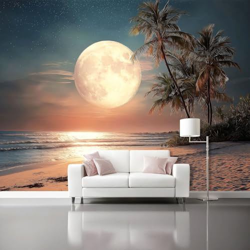 Fotomurales Paisaje romántico de playa iluminada por la luna Papel Tapiz Moderno 300 x 210 cm Papel pintado tejido no tejido coración Pared corativos Sala Living Oficina Dormitorio Amarillo Azul