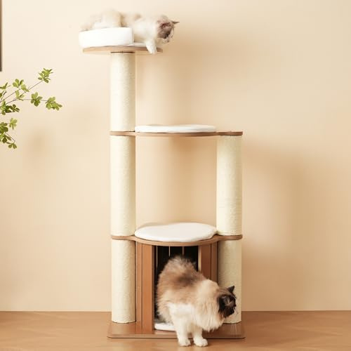 Arbre à Chat Design en Bois Massif - 98 cm de Haut, tremplin à 3 Niveaux, Coussins et balles de Jeu Amovibles, Imitation Nuage - Naturel, écologique, Utilisation, Arbre à Chat (Brown White)