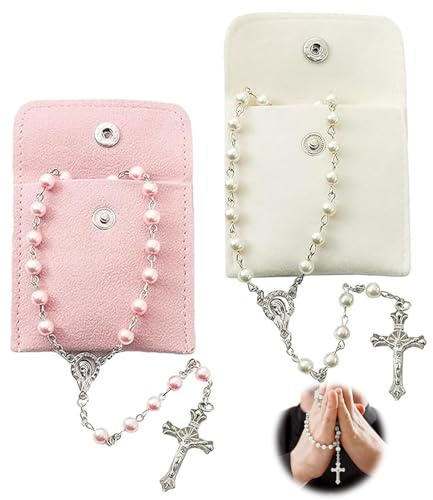 Makloee 2 Pack Rosemary Beads Necklace with Faux Pearls Pearl for Women Men | Rosary Beads Catholic Rosary Necklace Rosary Beads for Catholic Women White/Pink