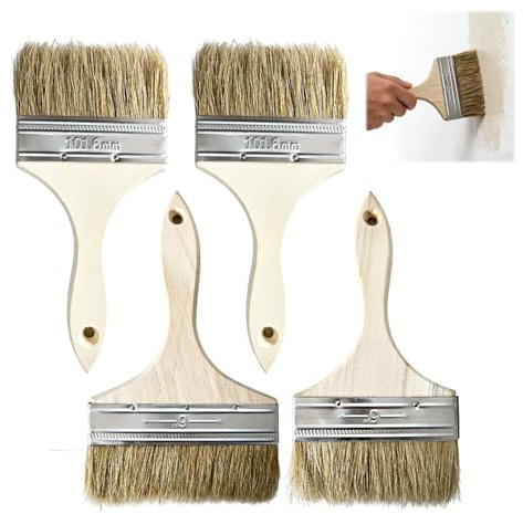 Malerpinsel Set 4 Stück, breite Lasurpinsel 96/115/140 mm aus Naturborsten, Flachpinsel mit Holzgriff, Profi Lackierpinsel & Flächenstreicher für Lacke, Lasuren, Öle, Wandfarben, Holz, Metall & Möbel