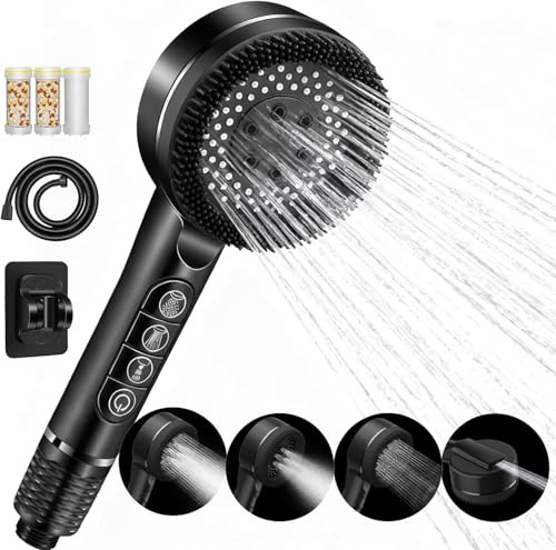 Duschkopf mit Filter, Hochdruck Handbrause mit Filtration in 8 Schichten, mit 1.5M Brauseschlauch und Ständer, 4 Strahlarten-Duschbrause mit Stoppfunktion, für Hartes Wasser/Rest-Chlor, Schwarz
