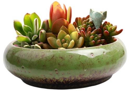 Fioriera a forma di loto, vaso per bonsai in ceramica smaltata con smalto fluido unico, vaso da fiori retrò poco profondo per cactus, decorazioni per la casa per piante da interno (7, 4 pollici), verd