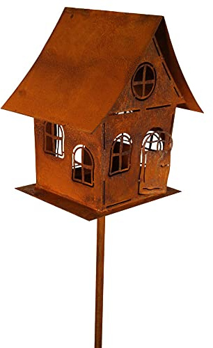 Bornhöft Edelrost Garten Deko Windlicht Vogelhaus Hexenhaus Gartendekoration Dekorieren rostige Dekoration Landhaus Kerzenhalter Vogelfutterhaus auf Stab sehr massiv