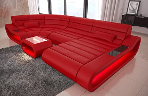 Wohnlandschaft Concept U Form Sofa in Leder - mit LED Beleuchtung, ergonomische Rückenlehnen, Recamiere/Lederfarben wählbar/Ausrichtung Ottomane wählbar (Ottomane rechts, Rot)