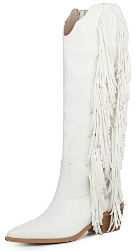 KiutSymo Cowgirl Fringe Boots for Women White Tassels Cowboy Boots Knee High Pointed Toe Western Boots White Size 9.5