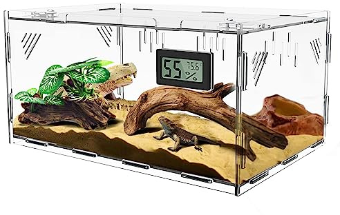 Reptile Terrariums, with Temperature Hygrometer, 15.7x9.9x7.1Acrylic Reptile Breeding Box Terrarium Cage Tank for Small Reptile Insect Home Office