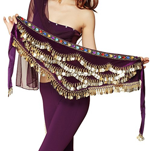 Wuchieal Women's Triangular Belly Dancing Hip Scarf Wrap Skirt with Gold Coins, Purple, One Size